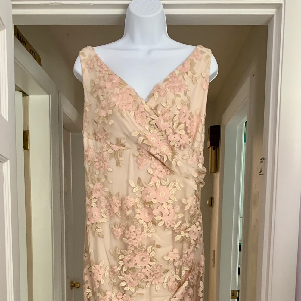 Ralph Lauren Pink & Beige Lace Overlay Dress - Size 18 Formal, Wedding, Prom